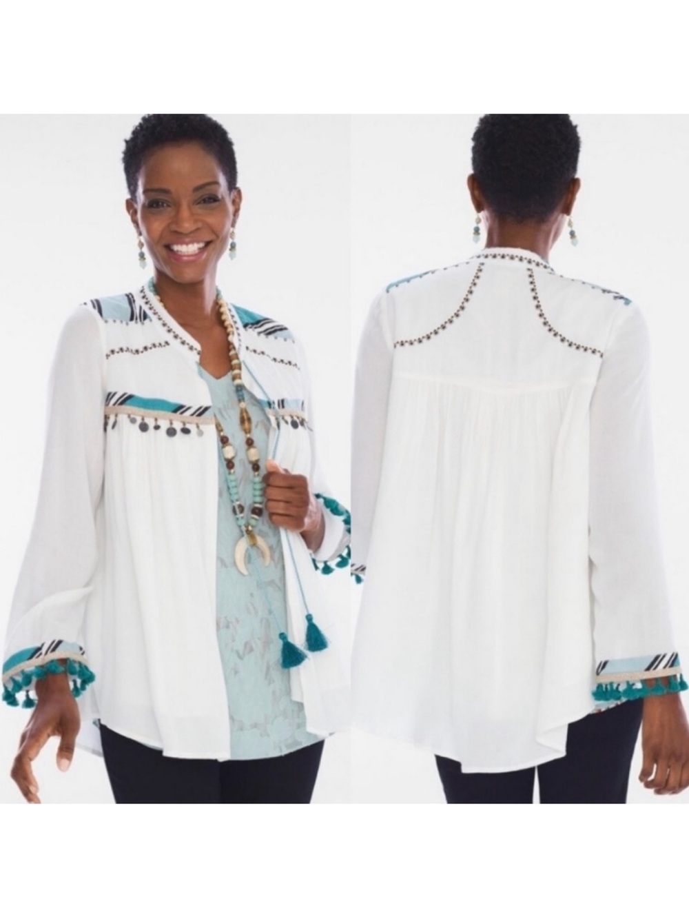 Chicos tassle tie embroidered boho white jacket large